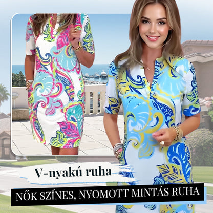 🎁 Új termékek 30% kedvezménnyel 👗Nők színes, nyomott mintás V-nyakú ruha