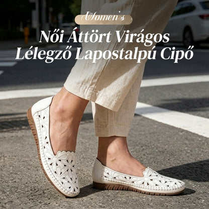 Női virágmintás, áttört, légáteresztő lapos balerinacipő