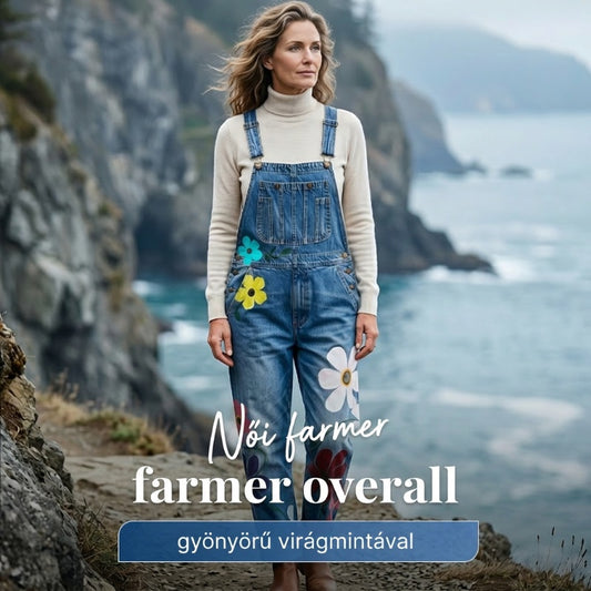 Női farmer overall virágmintával