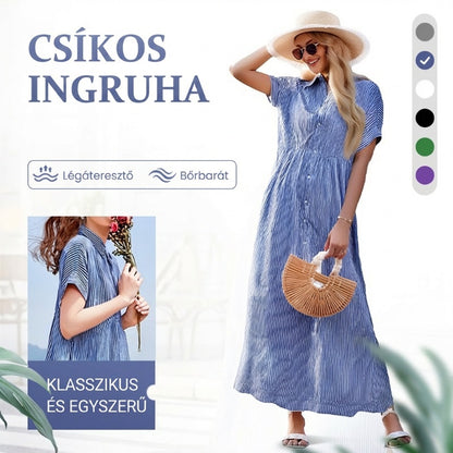 🎁Új érkezés 40% kedvezménnyel💥Csíkos, galléros, gombos ingruha | Praktikus zsebekkel