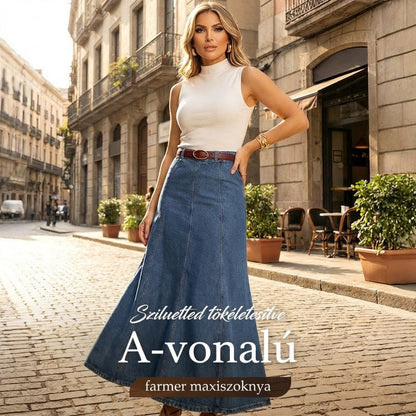 Női magas derekú A-vonalú denim maxi szoknya