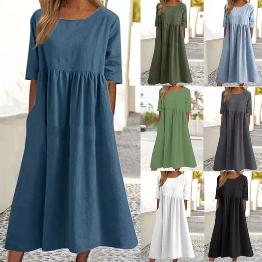 🔥【S-5XL】👗Laza kerek nyakú pamut ruha🌿