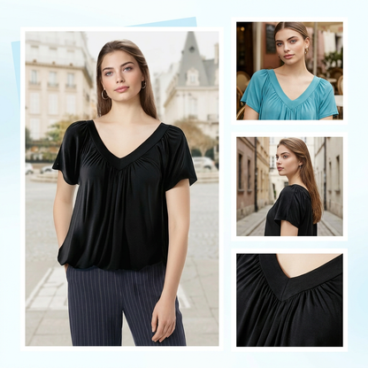 👕Női, rövid ujjú, redős felső V-kivágással | Rugalmas, könnyű, mindennapi viseletre | S–4XL