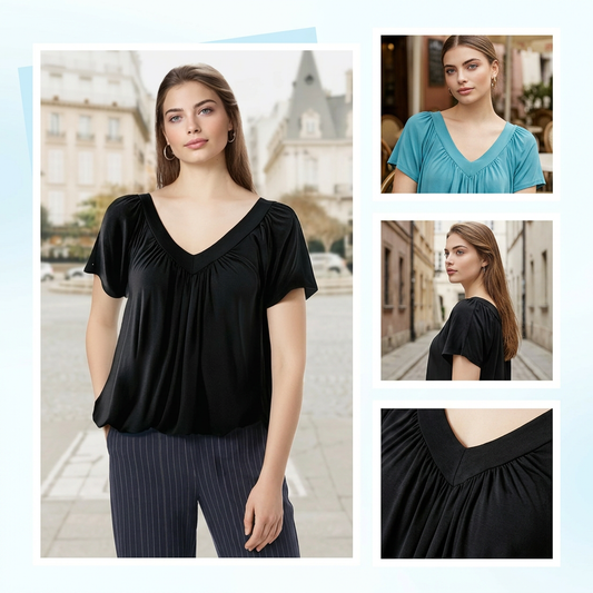 👕Női, rövid ujjú, redős felső V-kivágással | Rugalmas, könnyű, mindennapi viseletre | S–4XL