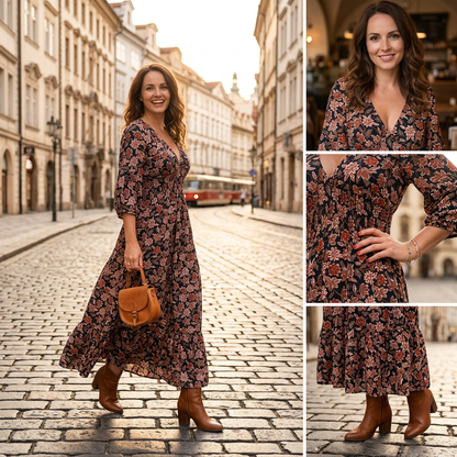 👗V-nyakú, nyomtatott maxi ruha 3/4 hosszú ujjakkal