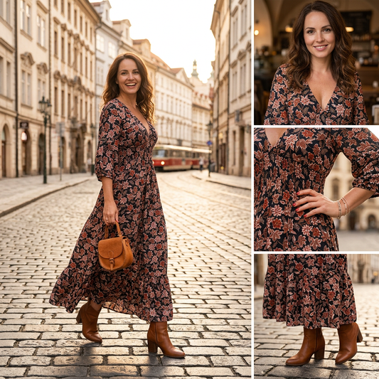 👗V-nyakú, nyomtatott maxi ruha 3/4 hosszú ujjakkal