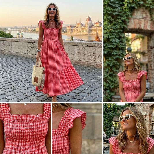 👗Éneklő Szóló Több kockás Smockolt Mellrész Maxi ruha