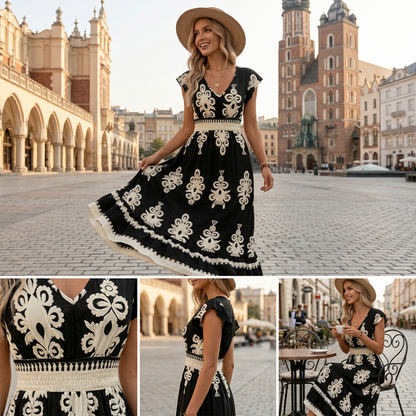 Női maxi ruha barokk mintával | V-kivágás, S–XL