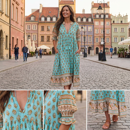 🍃Boho virágmintás ruha V-kivágással és magas derékkal | A-vonalú | Könnyű, lélegző anyag | S–3XL