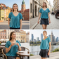 👕Női, rövid ujjú, redős felső V-kivágással | Rugalmas, könnyű, mindennapi viseletre | S–4XL