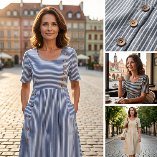 🎉🛍️Szuper akció: 50% kedvezmény💃Időtálló csíkos midi ruha