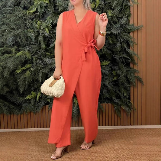 🔥Női egyszínű, V-nyakú kötött jumpsuit🌸