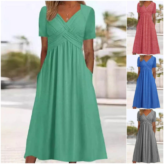 🌿【S-3XL】👗Női V-nyakú rövid ujjú hosszú ruhák