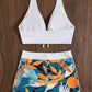 👙Levélmintás, nyakpántos, V-nyakú kétrészes fürdőruha