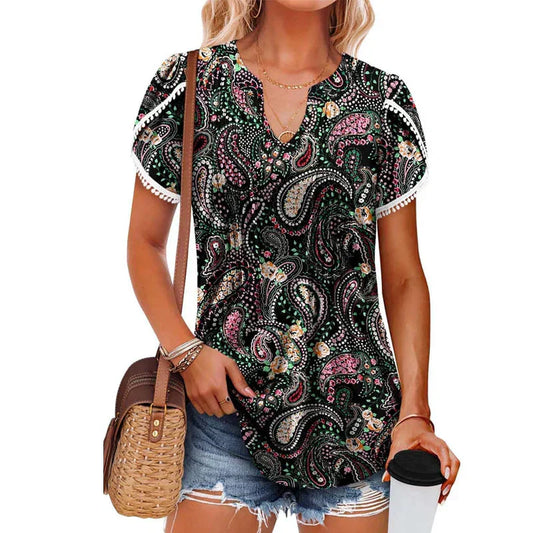 🌸Női V-nyakú nyomtatott rövid ujjú póló | Puha légáteresztő | S–4XL