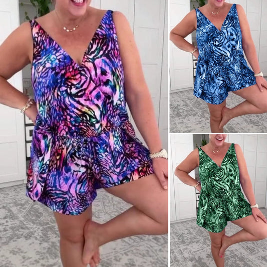 🌸Nyári akció 50% kedvezmény🌸Ujjatlan V-nyakú nyomott fürdőruha szett (laza, vékony fekete jumpsuit jellemzi)