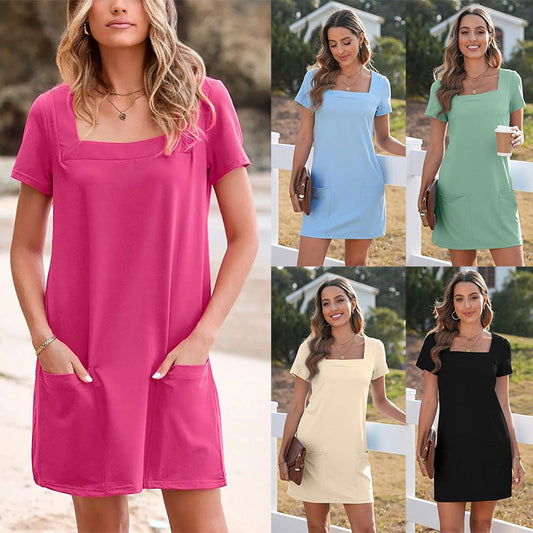 👗【S-2XL】💕Négyzet alakú nyak zseb rövid ujjú ruha