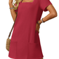 👗【S-2XL】💕Négyzet alakú nyak zseb rövid ujjú ruha