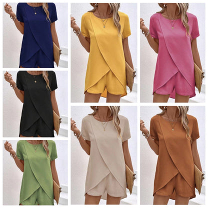 👗 30% KEDVEZMÉNY! ☀️ Női kétrészes szett – aszimmetrikus felső és rövidnadrág – Egyszínű, légies és sokoldalú nyárra, strandra és hétköznapokra 🏖️