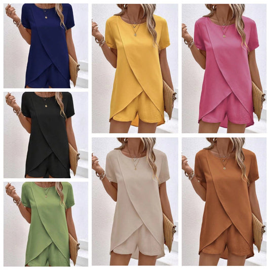👗 30% KEDVEZMÉNY! ☀️ Női kétrészes szett – aszimmetrikus felső és rövidnadrág – Egyszínű, légies és sokoldalú nyárra, strandra és hétköznapokra 🏖️