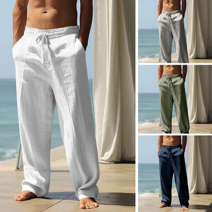 👖🌟 PROMO FLASH 30% ! Férfi Laza Vászonkeverék Nadrág – Egyenes Szabás, Húzózsinór, Megerősített Zsebek, 5 Szín, Gépi Mosható, Tökéletes Nyárra & Mindennapokra 🍃