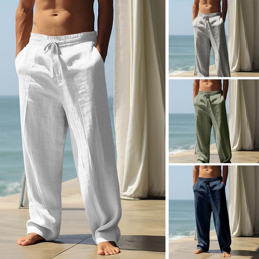 👖🌟 PROMO FLASH 30% ! Férfi Laza Vászonkeverék Nadrág – Egyenes Szabás, Húzózsinór, Megerősített Zsebek, 5 Szín, Gépi Mosható, Tökéletes Nyárra & Mindennapokra 🍃
