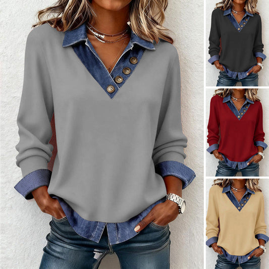 Női patchwork denim galléros, műbőrből készült, 2 részes felső