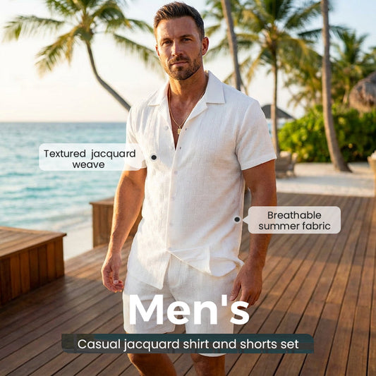 👕 IDŐKORLÁTOS 30% KEDVEZMÉNY! ✨ Férfi jacquard ing és rövidnadrág szett – 4 irányú nyújtás, 3 szín, S-XXXL 🌴