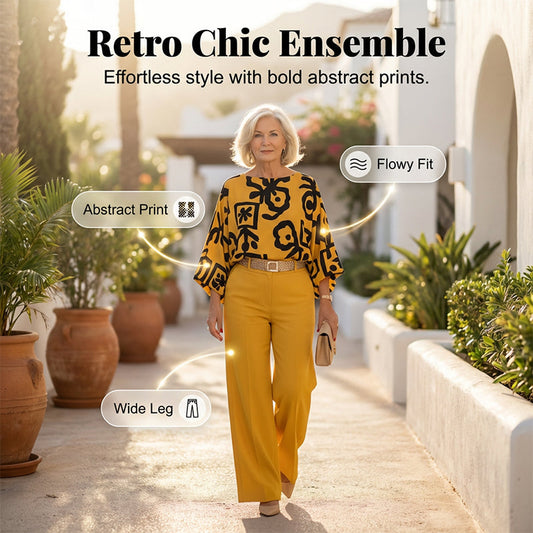 🔥Kiemelt ajánlatok – Női retro grafikás felső és széles szárú nadrág szett