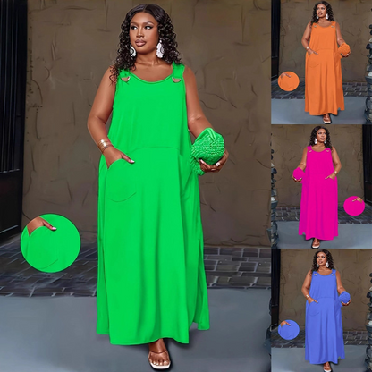 💥Laza, testhezálló ruha, nagy méretben 【XL–6XL】👗Női, zsebes, ujjatlan, hosszú ruha