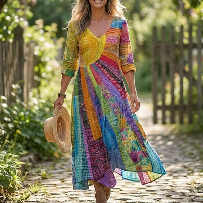 Női, V-nyakú, patchwork mintás ruha