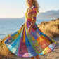 Női, V-nyakú, patchwork mintás ruha