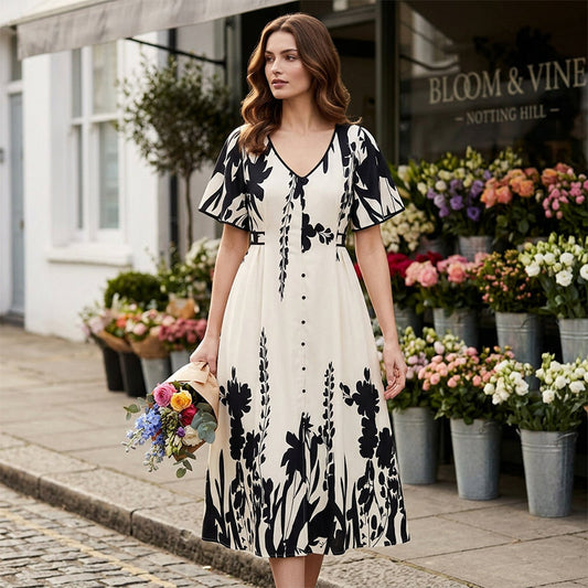 👗 MOST 44% KEDVEZMÉNY! 🌿 Puha, növényi mintás, V-nyakú midi ruha – elegáns, könnyű és sokoldalú, bármilyen alkalomra 🌸