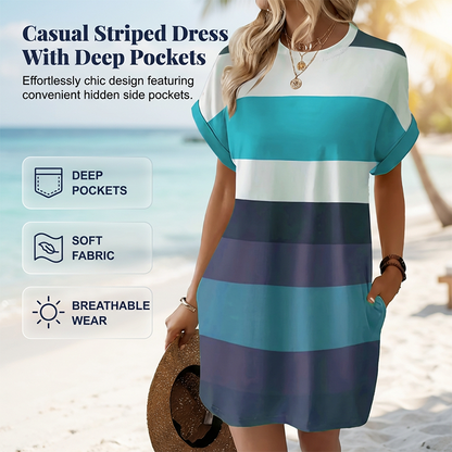 👗 30% KEDVEZMÉNY! ✨ Csíkos midiruha – Zsebekkel, bő szabású, nyaraláshoz, hétköznapi ✨
