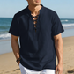 👕 MOST 30% KEDVEZMÉNY! 🏖️ Férfi alkalmi fűzős rövid ujjú ing – Légáteresztő lenvászon keverék ☀️