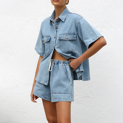 👕 30%-OS KORLÁTOZOTT IDEIG TARTÓ AKCIÓ! ✨ Farmer ing és rövidnadrág szett – laza szabás, húzózsinóros derék, 2 darabos 🧵