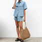 👕 30%-OS KORLÁTOZOTT IDEIG TARTÓ AKCIÓ! ✨ Farmer ing és rövidnadrág szett – laza szabás, húzózsinóros derék, 2 darabos 🧵