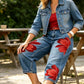 👖 IDŐSZAKOS 30% KEDVEZMÉNY! ✨ Női virágos szárú farmer – Egyedi applikáció, puha, 6 színben 🌸