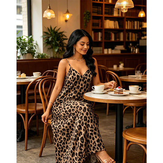 👗 30% KEDVEZMÉNY 🐆 Leopárdmintás maxiruha – V-nyak, spagettipántok & oldalsó zsebek – Könnyű & folyós anyag – tökéletes nyárra, strandra vagy egy merész estére 🌿