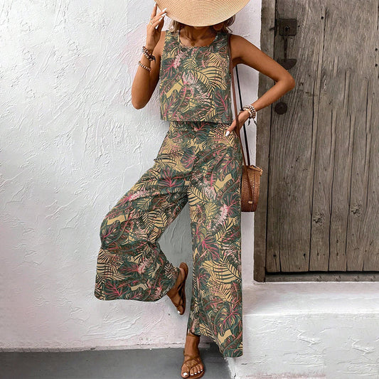 👚 MOST 30%-OS KEDVEZMÉNY! 👖 Női nyomott mintás ujjatlan felső és széles szárú nadrág szett – Laza és légáteresztő – Tökéletes nyári, strand- vagy üdülőruhának – könnyed elegancia 🌸