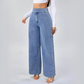 👖 MOST 30%-OS KEDVEZMÉNY! ✨ Magas derekú, széles szárú farmer – Aszimmetrikus részlet, rugalmas derékrész & vintage mosás – Előnyös és könnyedén elegáns 🧵