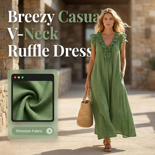 👗 MOST 30%-OS KEDVEZMÉNY! 🌸 Női kényelmes, ujjatlan, V-nyakú fodros ruha – Lenge és könnyű – Tökéletes nyári napokra, strandra vagy villásreggelire – bájos és könnyen viselhető 💃