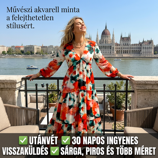 Női, V-nyakú, batikolt, hosszú ujjú maxi ruha