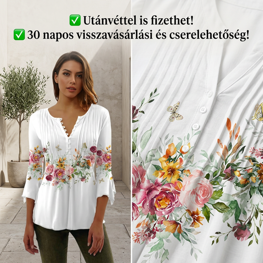 🔥【S-4XL】🌸 Virágmintás V-nyakú gombos felső, Tágas ujjakkal 👚